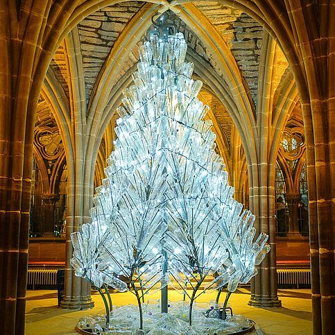 Shows a Christmas tree in Chester cathedral's display when the Choir performs it's Christmas Crackers concert