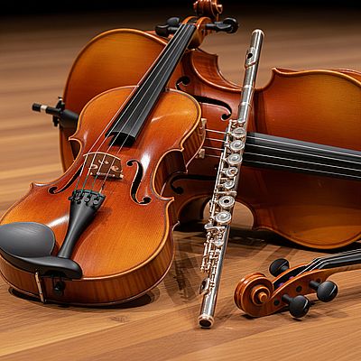 Shows violins and a flute used in Chester Music Society's Celebrity concert series